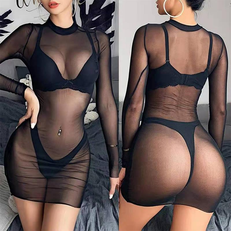 See Through Mesh Long Sleeve Dress  |   Dresses Clothing Black