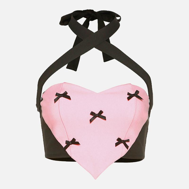 Sexy Bow Decor Love Heart Colorblock Halter Tank Top  |   Crop Tops & Camis Clothing Crop Tops & Camis