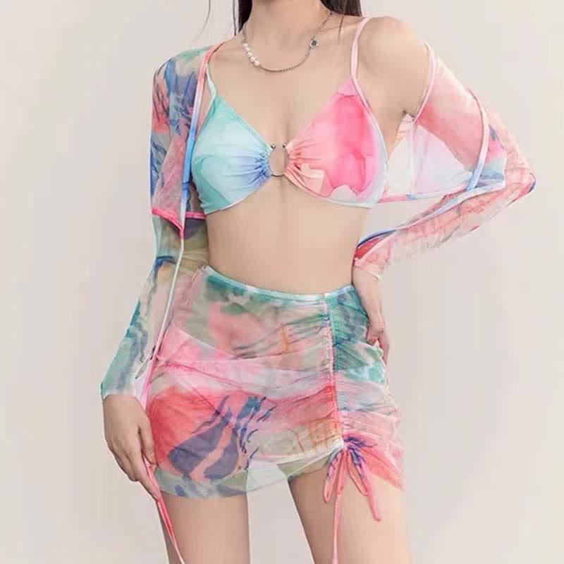 Sexy Long Sleeves Top Skirt Swimsuit Four Piece Set  |   Swimwear Clothing Pink