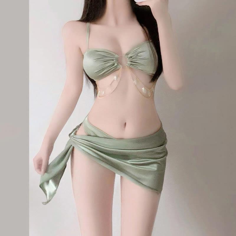 Sexy String Bikini Three-Piece Swimsuit With Chain  |   Swimwear Clothing Green