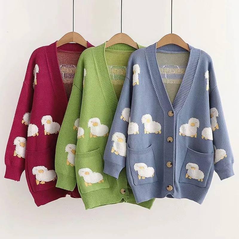 Sheep Embroidery V-Neck Cardigan Sweater  |   Sweater Clothing Blue