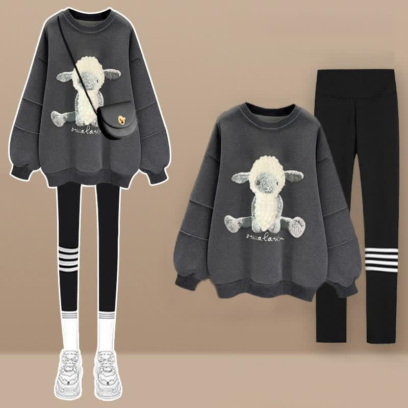 Sheep Pattern Round Collar Sweatshirt Plush Pants Two Pieces Set  |   Sweatshirts & Hoodies Clothing Black Pants