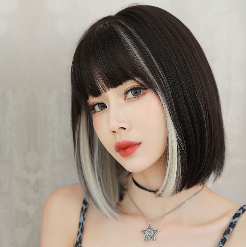 Short Highlights Straight Wig With Neat Bangs  |   Wigs Accessories Beige