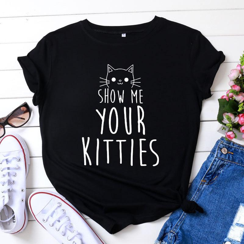 Show Me Your Kitties Letter Print Cotton T-Shirt  |   T-Shirts Clothing Army Green