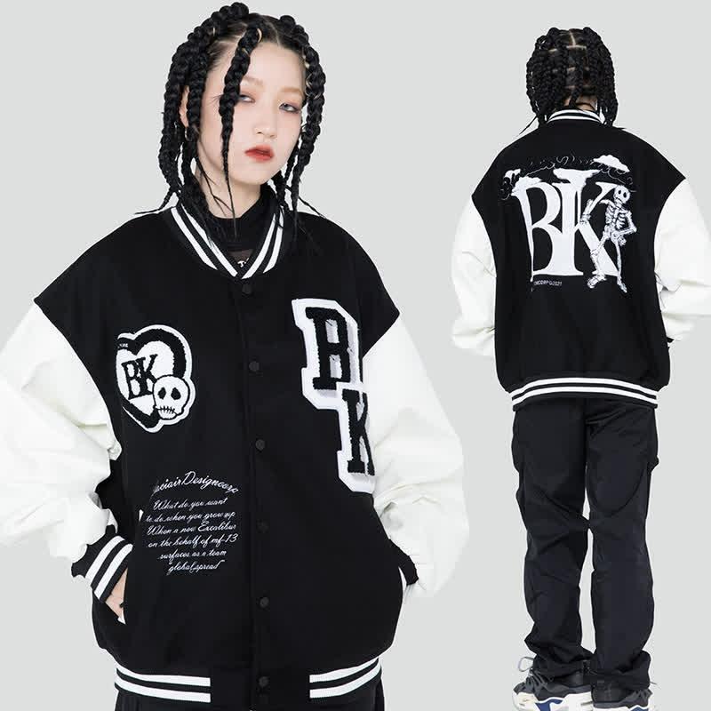 Skeleton Love Heart Letter Embroidery Colorblock Baseball Jacket  |   Outerwear Clothing Black