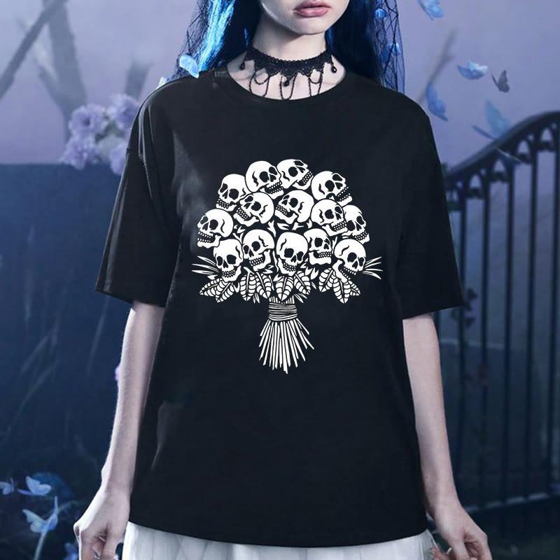 Skull Flower Print Loose Short Sleeve T-Shirt  |   T-Shirts Clothing Black