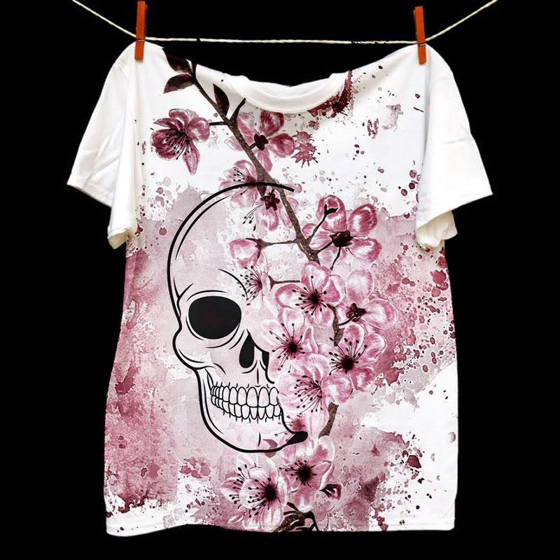 Skull Flower Print Short Sleeve Loose T-Shirt  |   T-Shirts Clothing T-Shirts