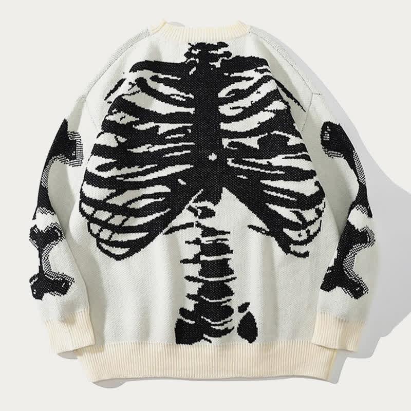 Skull Skeleton Print Round Collar Oversized Sweater  |   Sweater Clothing Black