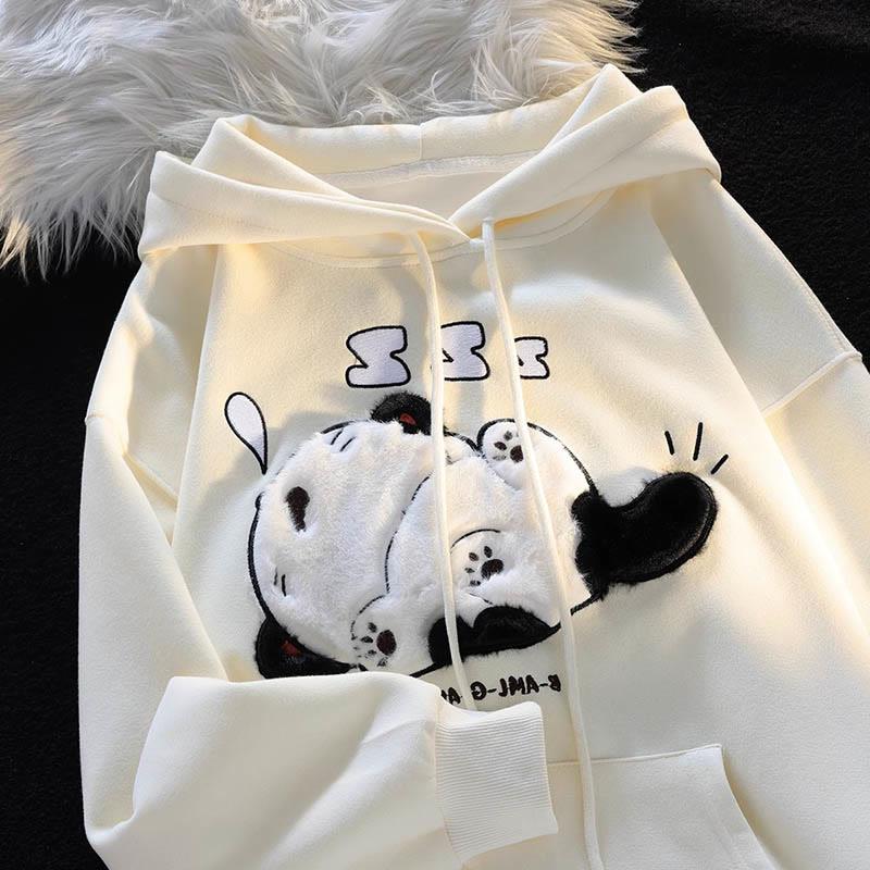 Sleeping Kitty Flocking Print Loose Hooded Sweatshirt  |   Sweatshirts & Hoodies Clothing Apricot