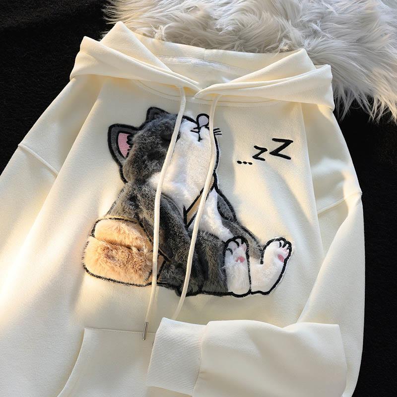 Sleeping Kitty Flocking Print Loose Hoodie  |   Sweatshirts & Hoodies Clothing Apricot