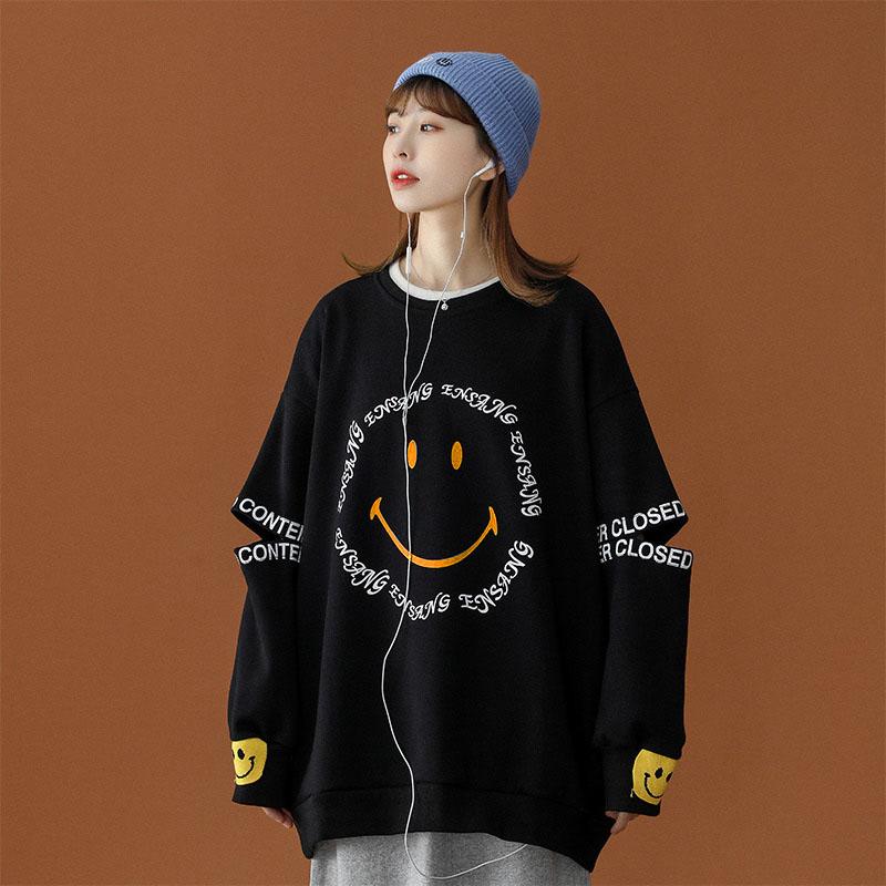 Smiley Letters Print Loose Sweatshirt  |   Sweatshirts & Hoodies Clothing Black