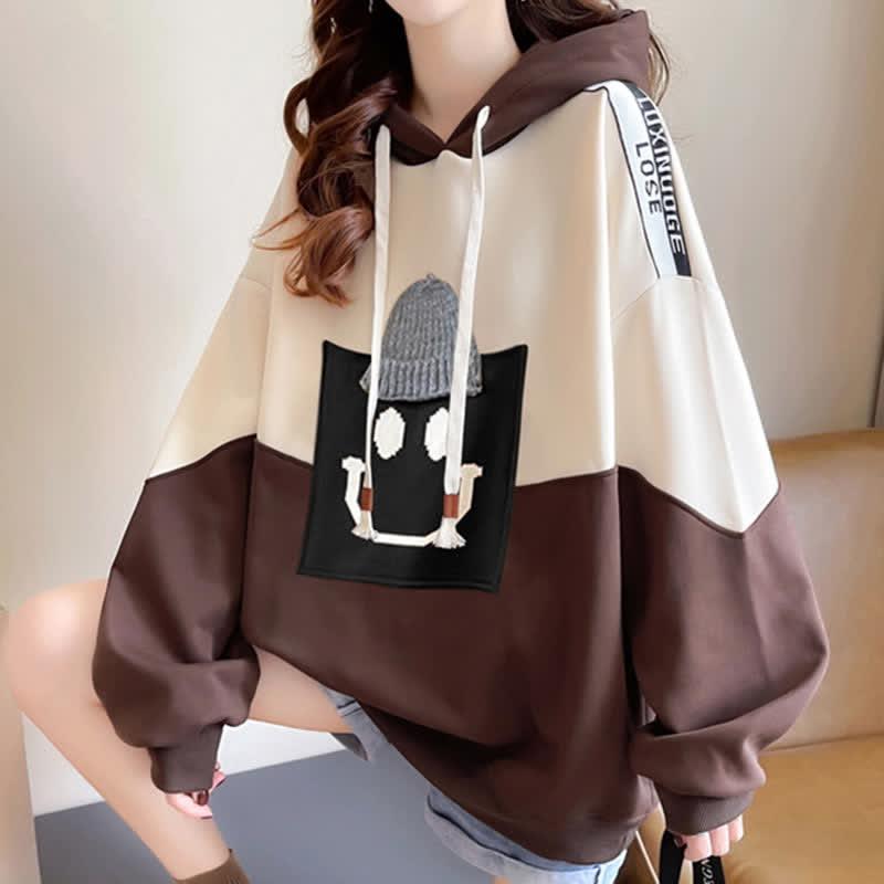 Smiling Face Embroidery Colorblock Plush Loose Hoodie  |   Sweatshirts & Hoodies Clothing Black