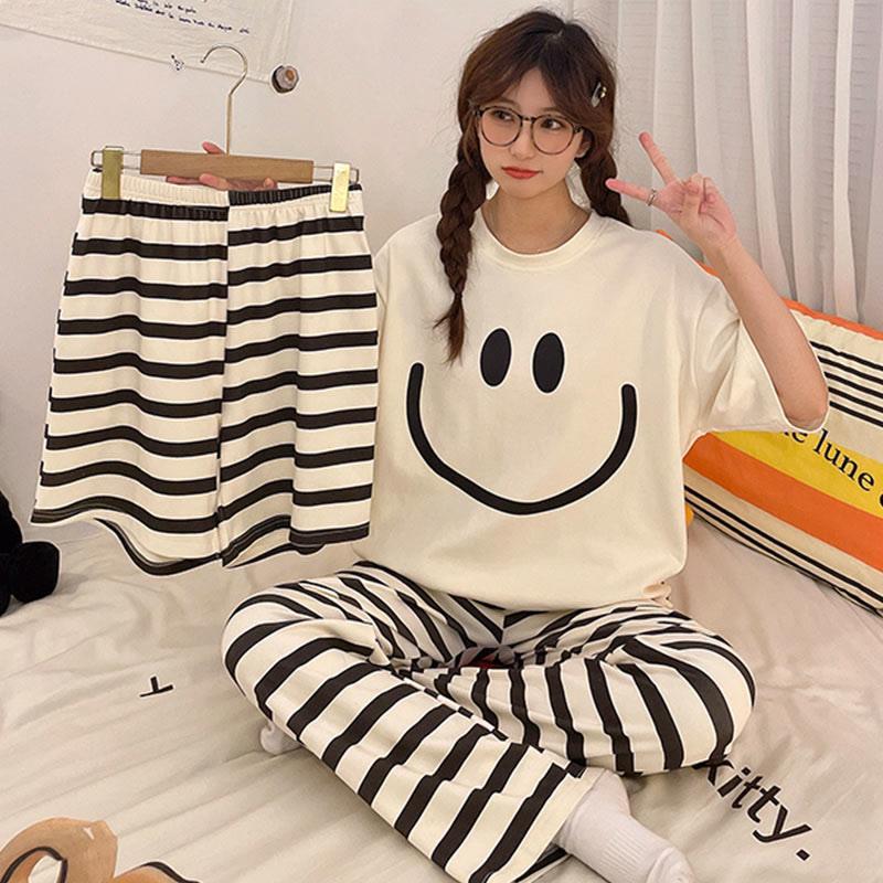 Smiling Face Stripe Print Pajamas Three Pieces Set  |   Pajamas Clothing Pajamas