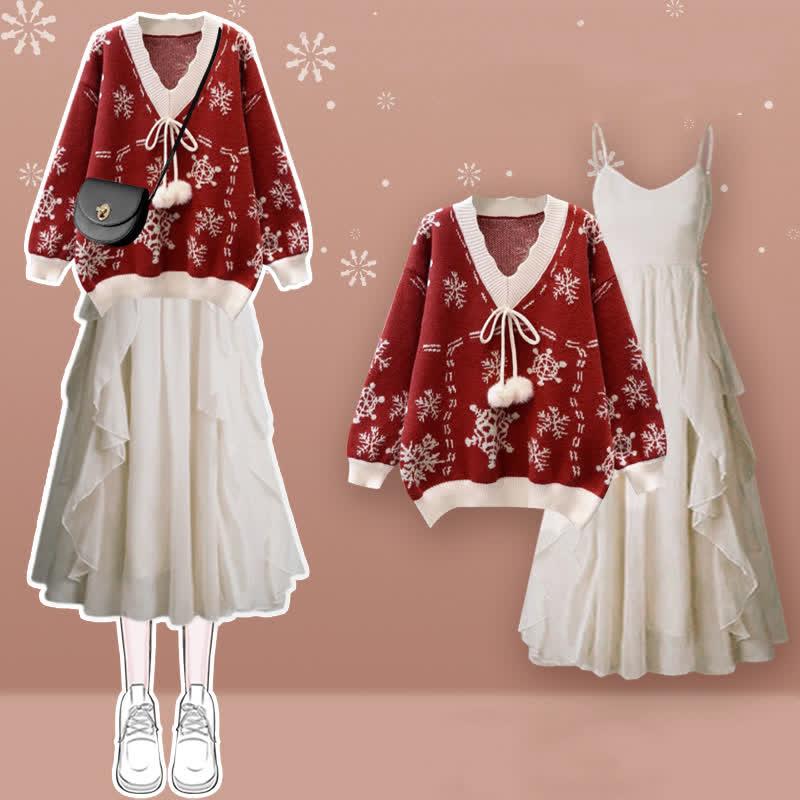 Snowflake Print Fuzzy Ball V-Neck Knit Sweater Flouncing Slip Dress  |   Dresses Clothing Dress