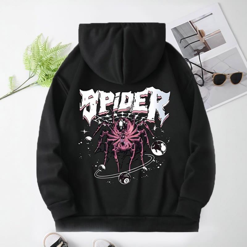 Spider Letter Print Loose Hooded Sweatshirt  |   Sweatshirts & Hoodies Clothing Black