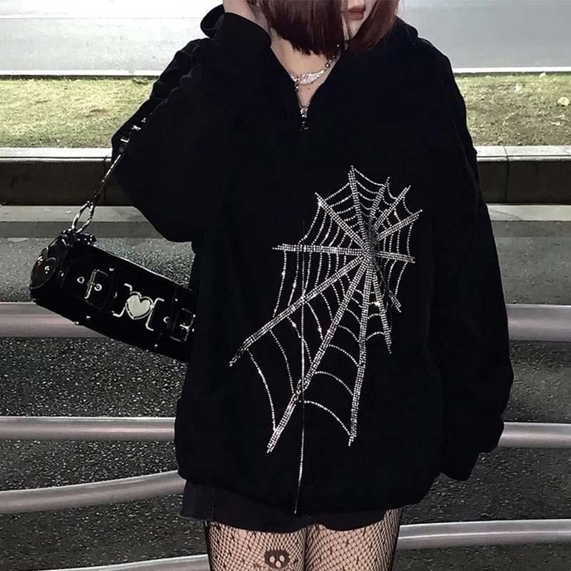 Spider Net Print Rhinestone Zipper Front Outerwear  |   Outerwear Clothing Black