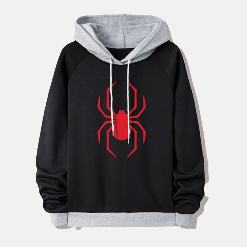 Spider Print Color Block Loose Hooded Sweatshirt  |   Sweatshirts & Hoodies Clothing Black