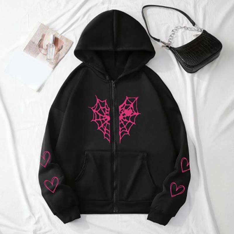 Spider Web Heart Print Loose Zipper Hooded Sweatshirt  |   Sweatshirts & Hoodies Clothing Black A