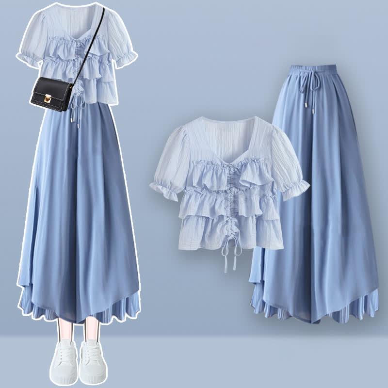 Sqaure Collar Puff Sleeve Drawstring T-Shirt Split Pantskirt  |   T-Shirts Clothing Blue Pants