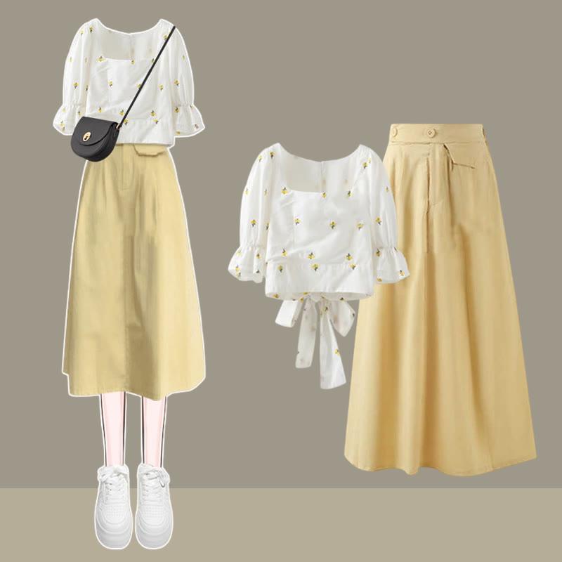 Square Collar Floral Print Lace-Up T-Shirt Pure Color Skirt  |   Skirts Clothing Set