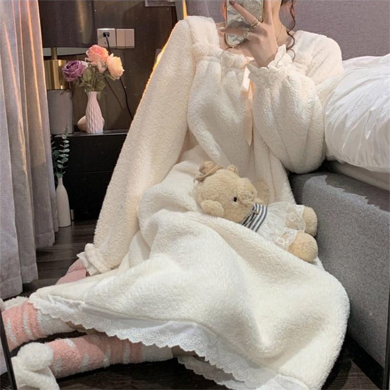 Square Collar Plush Lace Hem Dress Pajamas Set  |   Pajamas Clothing Pajamas