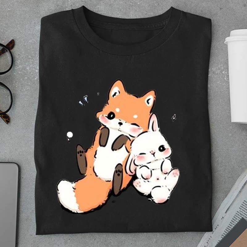 Squirrel Rabbit Print Summer T-Shirt  |   T-Shirts Clothing Black