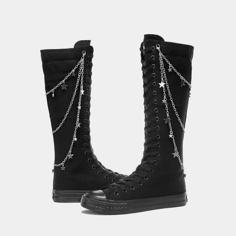 Star Chain Decor Lace Up Zipper Canvas Boots  |   Boots Boots Black