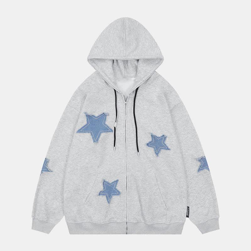 Star Embroidery Pocket Zipper Hooded Sweatshirt  |   Sweatshirts & Hoodies Clothing Black