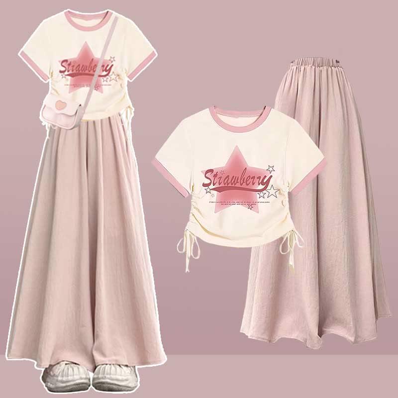 Star Letter Print Drawstring T-Shirt Pink Pantskirt Two Pieces  |   T-Shirts Clothing Pants