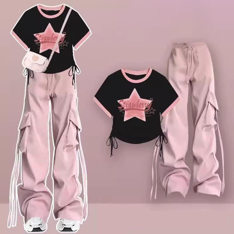 Star Letter Print T-Shirt Pure Color Cargo Pants  |   T-Shirts Clothing Apricot T-Shirt