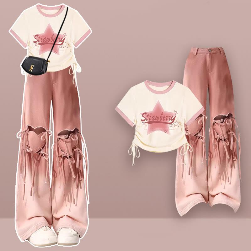 Star Print Drawstring T-Shirt Bow Ripped Denim Pants Two Pieces  |   Pants Clothing Pants