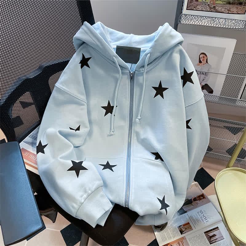 Star Print Loose Zipper Hooded Sweatshirt  |   Sweatshirts & Hoodies Clothing Blue