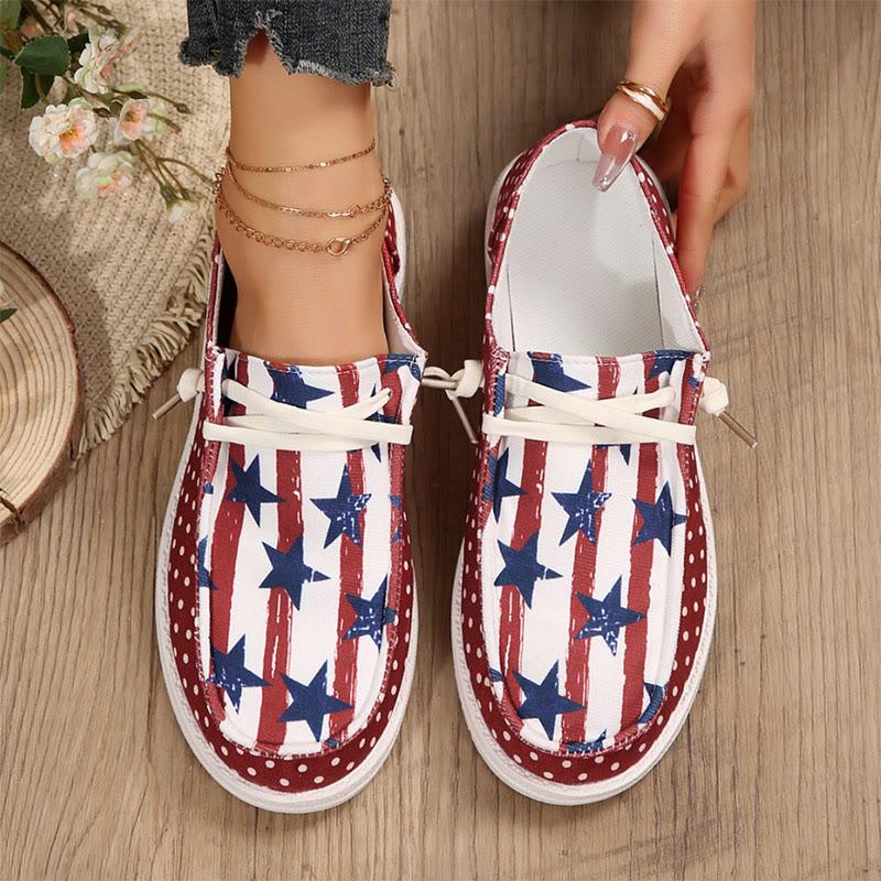 Stars Print Flat Round Toe Low Top Canvas Shoes  |   Sneakers Shoes Red