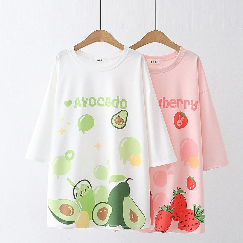 Strawberry Avocado Letter Print Loose T-Shirt  |   T-Shirts Clothing Pink