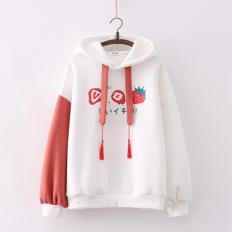 Strawberry Letter Print Colorblock Tassel Plush Hoodie  |   Sweatshirts & Hoodies Clothing Black