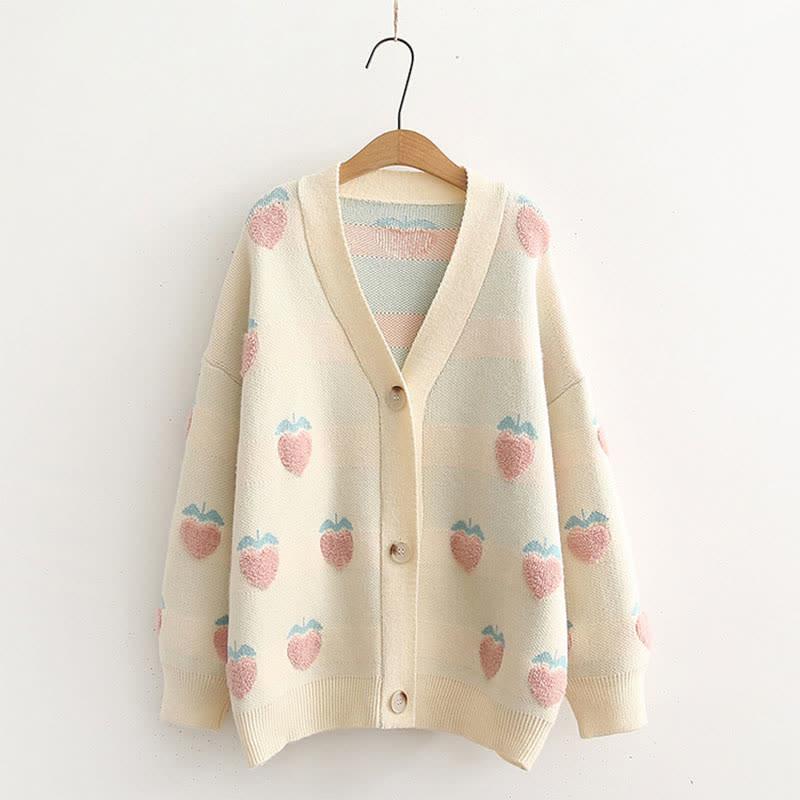 Strawberry Print Loose V-Neck Cardigan Sweater  |   Sweater Clothing Beige