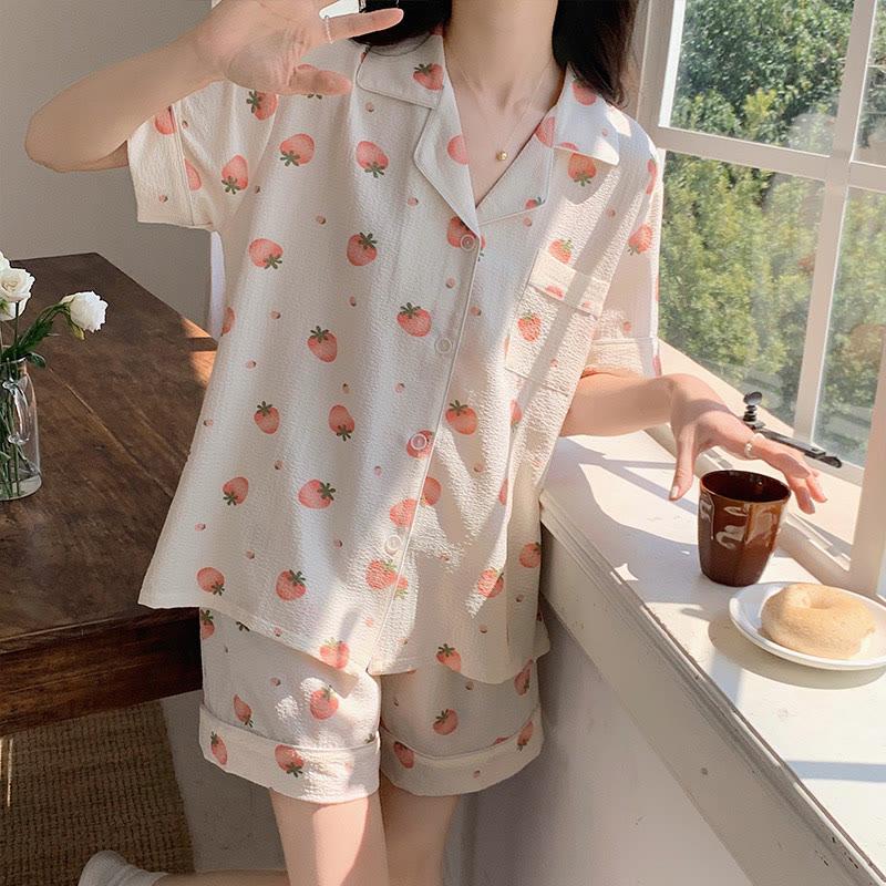 Strawberry Print Summer Pajamas Set  |   Pajamas Clothing Apricot