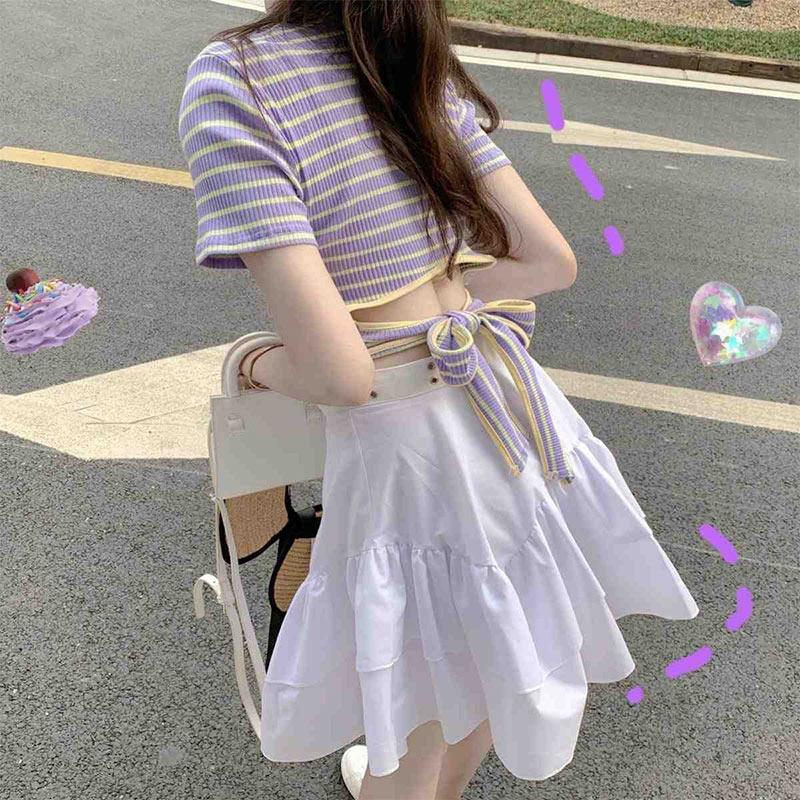 Stripe Backless Lace Up T-Shirt Pleated Skirt Set  |   Skirts Clothing Purple T-Shirt