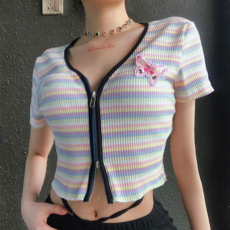 Stripe Butterfly Embroidery Zipper T-Shirt  |   Crop Tops & Camis Clothing Crop Tops & Camis