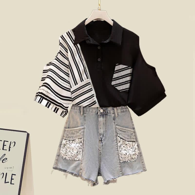 Stripe Colorblock Pocket Casual T-Shirt Denim Shorts Set  |   T-Shirts Clothing Black T-Shirt