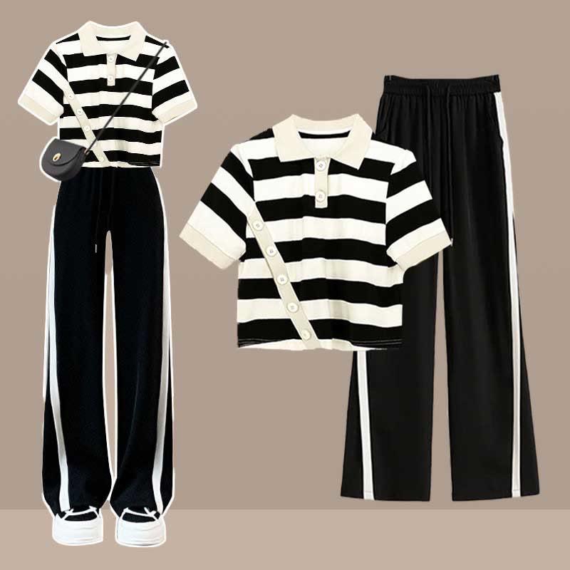 Stripe Polo T-Shirt Casual Loose Pants Two Pieces  |   Pants Clothing Pants