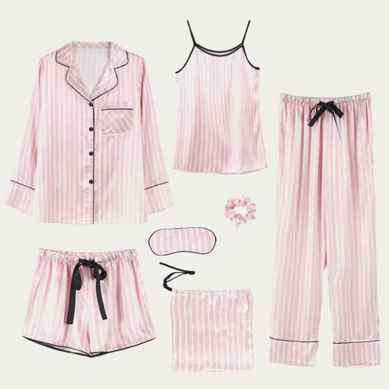 Stripe Print Silk Pajamas Seven Pieces Set  |   Pajamas Clothing Black