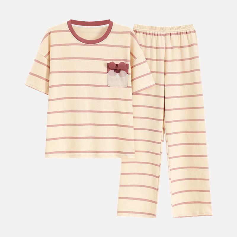 Stripe Print T-Shirt Pants Pajamas Two Piece Set  |   Pajamas Clothing Apricot