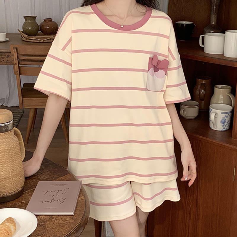 Stripe Print T-Shirt Shorts Pajamas Two Piece Set  |   Shorts Clothing Apricot