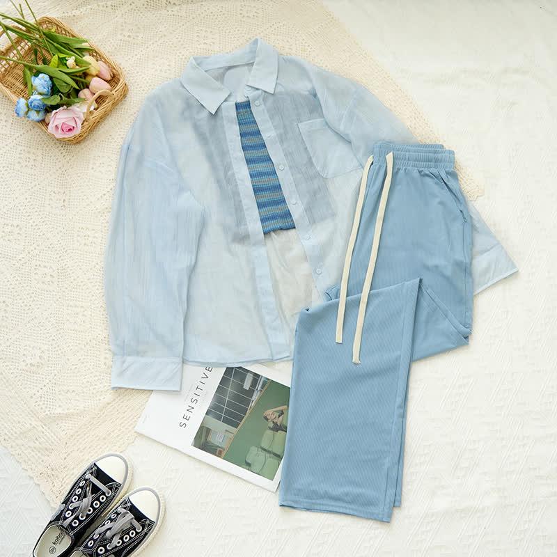 Stripe Top Pure Color Shirt Casual Pants Two Pieces  |   Pants Clothing Pants