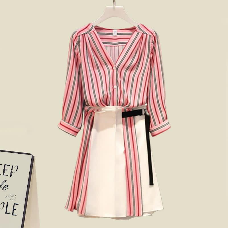 Stripe V-Neck T-Shirt High Waist Skirt Two Pieces Set  |   T-Shirts Clothing Red