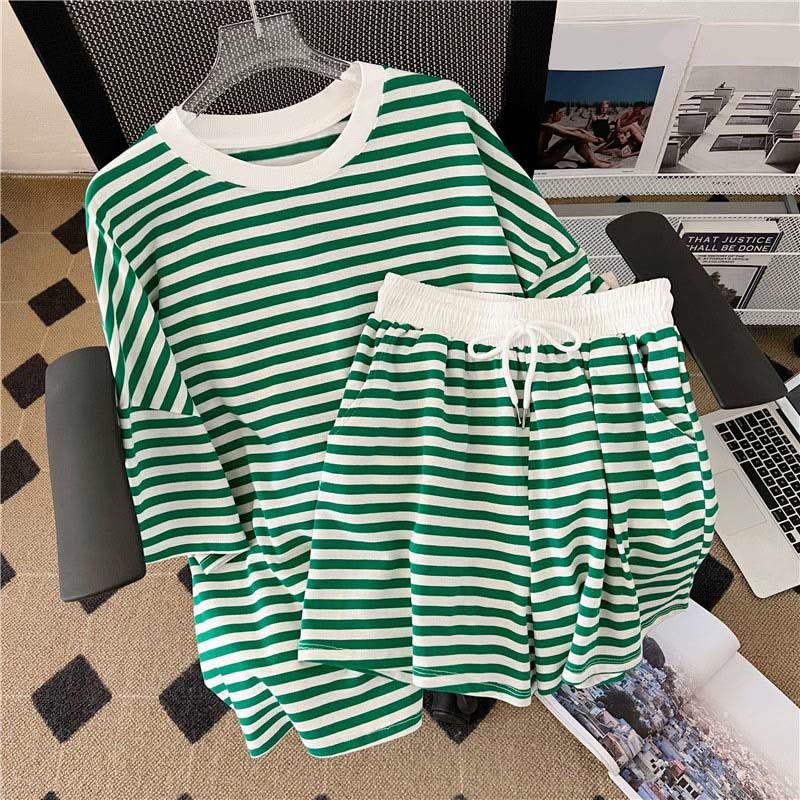 Striped Casual Sports Short Sleeve T-Shirt Shorts Suit  |   T-Shirts Clothing Black