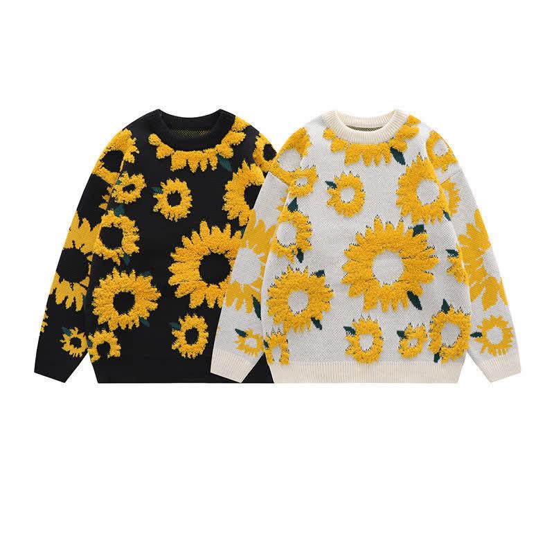 Sunflower Embroidery Round Collar Knit Oversized Sweater  |   Sweater Clothing Black