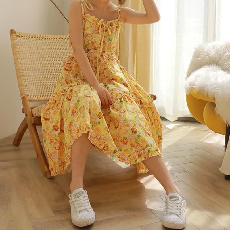 Sunflower Print Flounce Slip Dress  |   Dresses Clothing Dresses