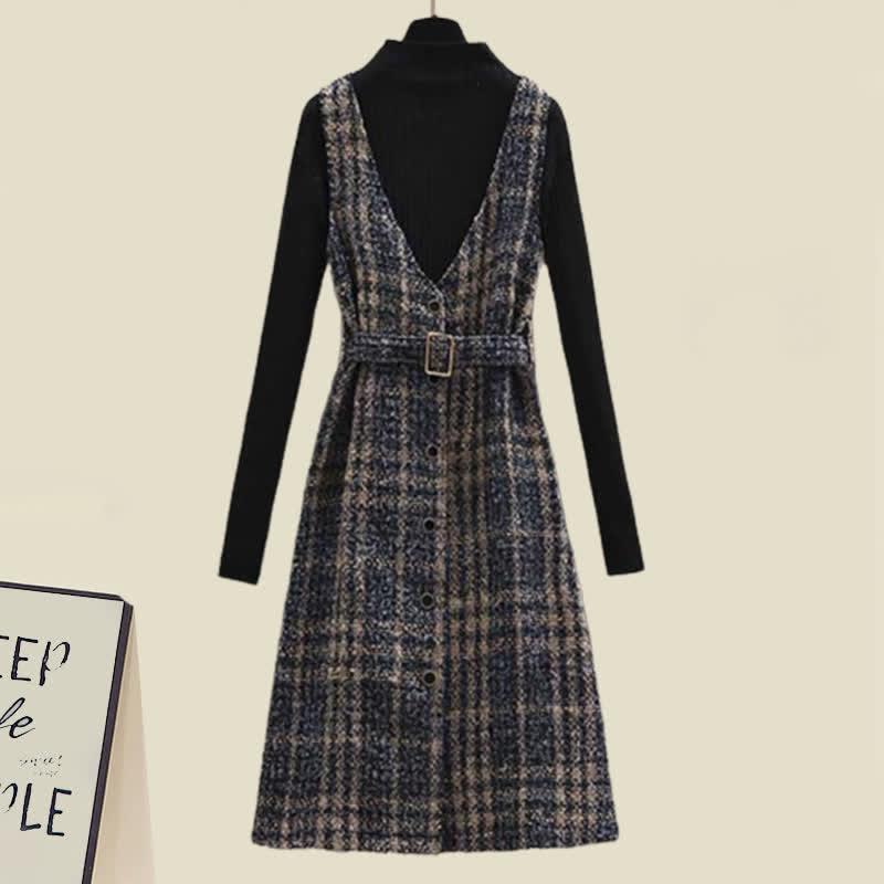 Sweater Plaid Print Belted Dress Set  |   Dresses Clothing Dress